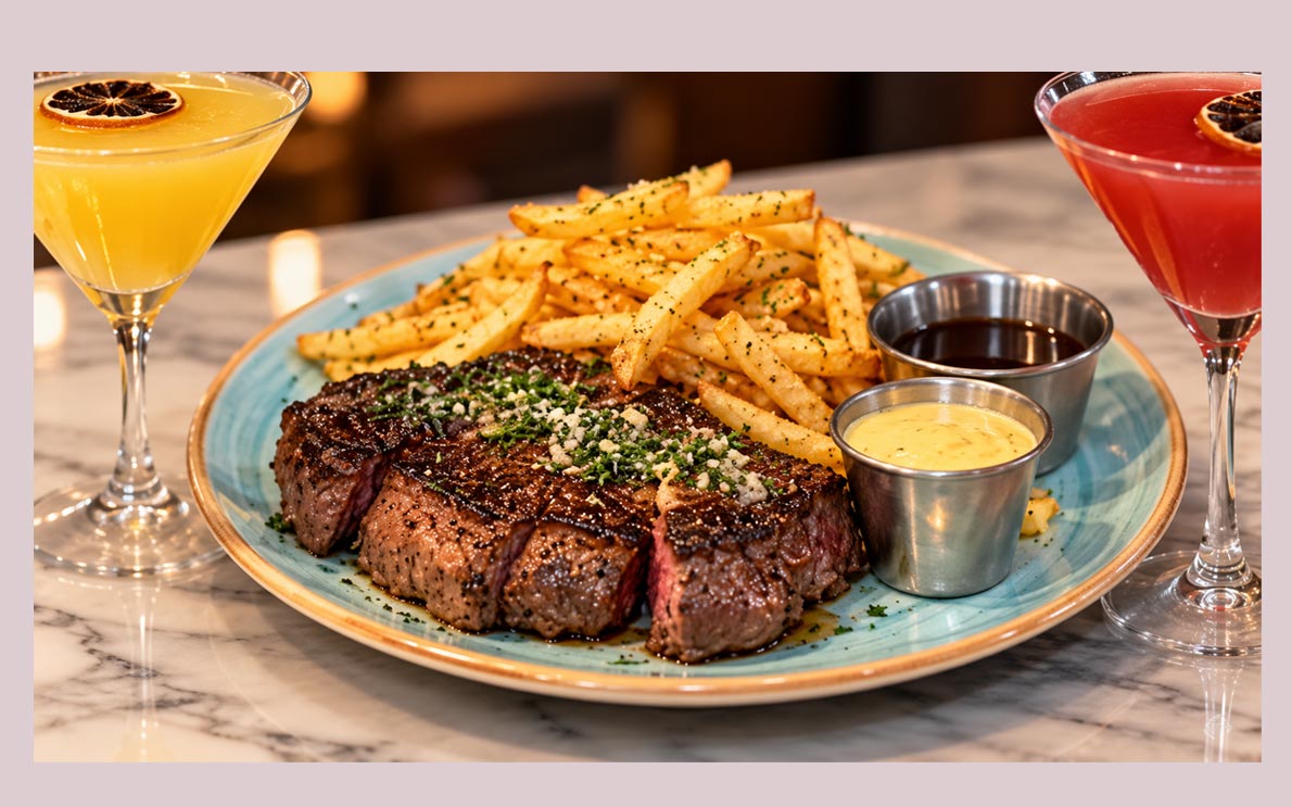 Entrecôte med pommes och två cocktails på marmorbord